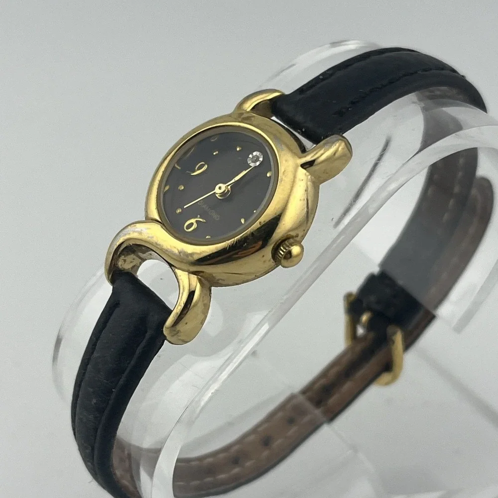 Avon 2007 Genuine Diamond Accent Watch 22mm Gold Case Leather Band-‎ New Battery